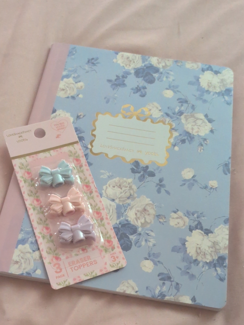 Loveshackfancy Composition Book & Cute Pastel Bow Eraser Toppers